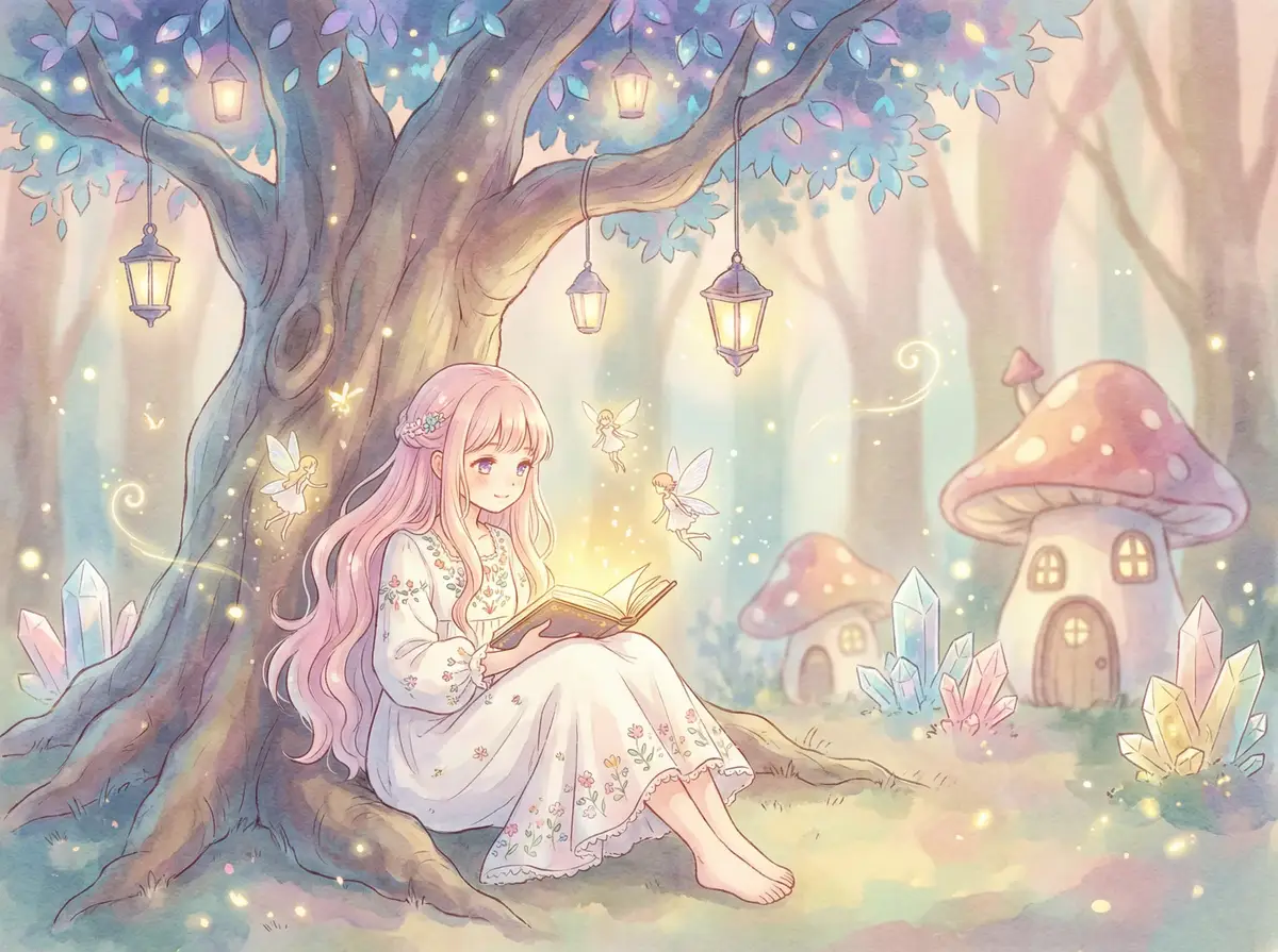 火线下的江湖大佬国语 - 魔法森林中阅读故事书的粉发少女与精灵